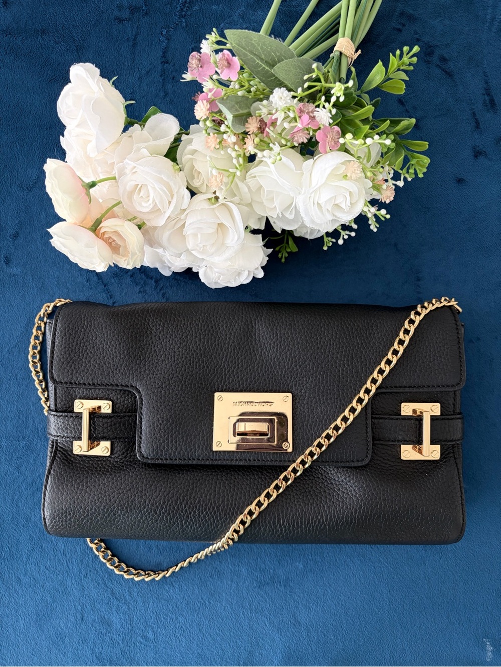 Michael Kors Genuine Black Leather Chain Shoulder Bag with Gold Hardware